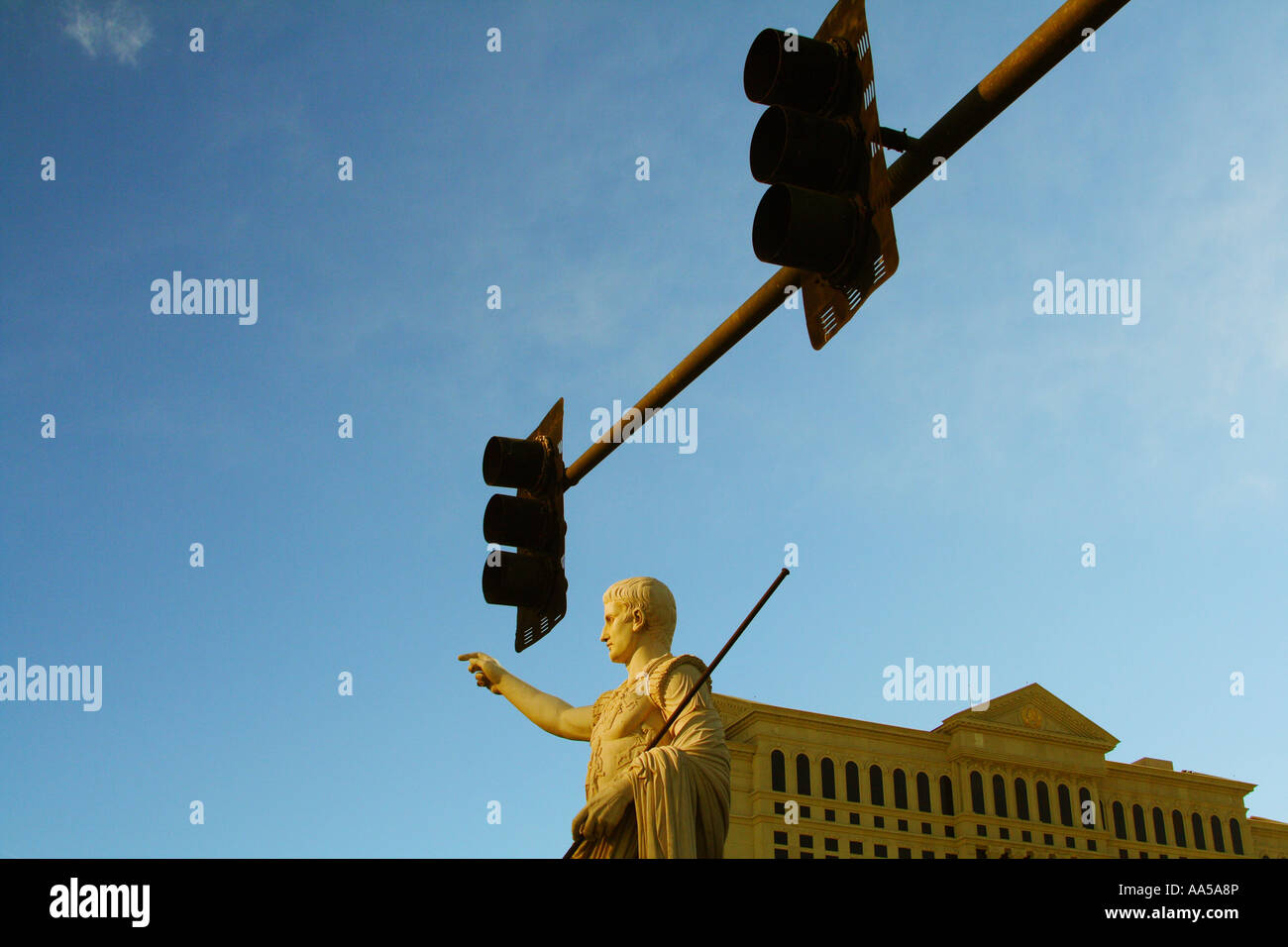 street-side statue of caesar in las vegas beneath a traffic light. Stock Photo