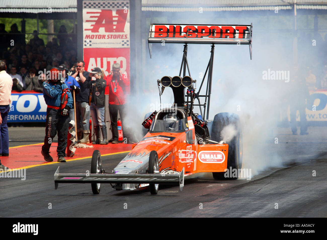 Top Fuel dragster performing burnout Stock Photo