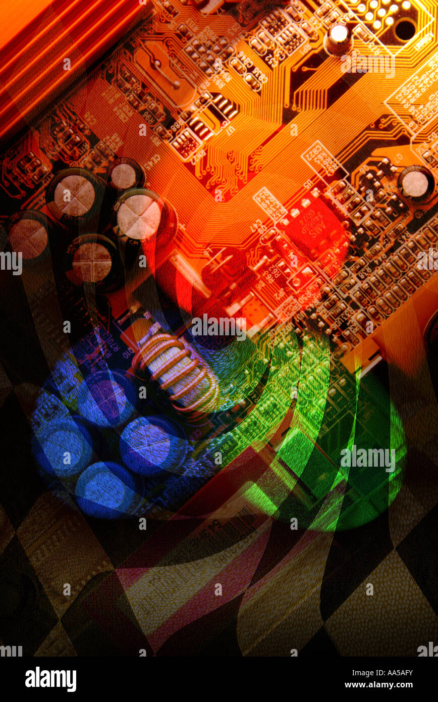 Computer motherboard overlay with texture and lights. Stock Photo