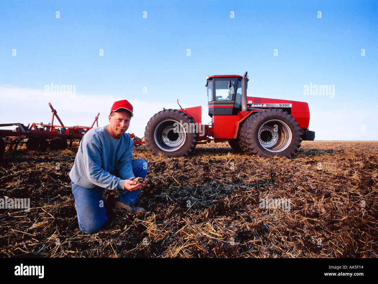 Agriculture - A farmer examines grain stubble and soil during field preparation operations prior to planting / Manitoba, Canada. Stock Photo