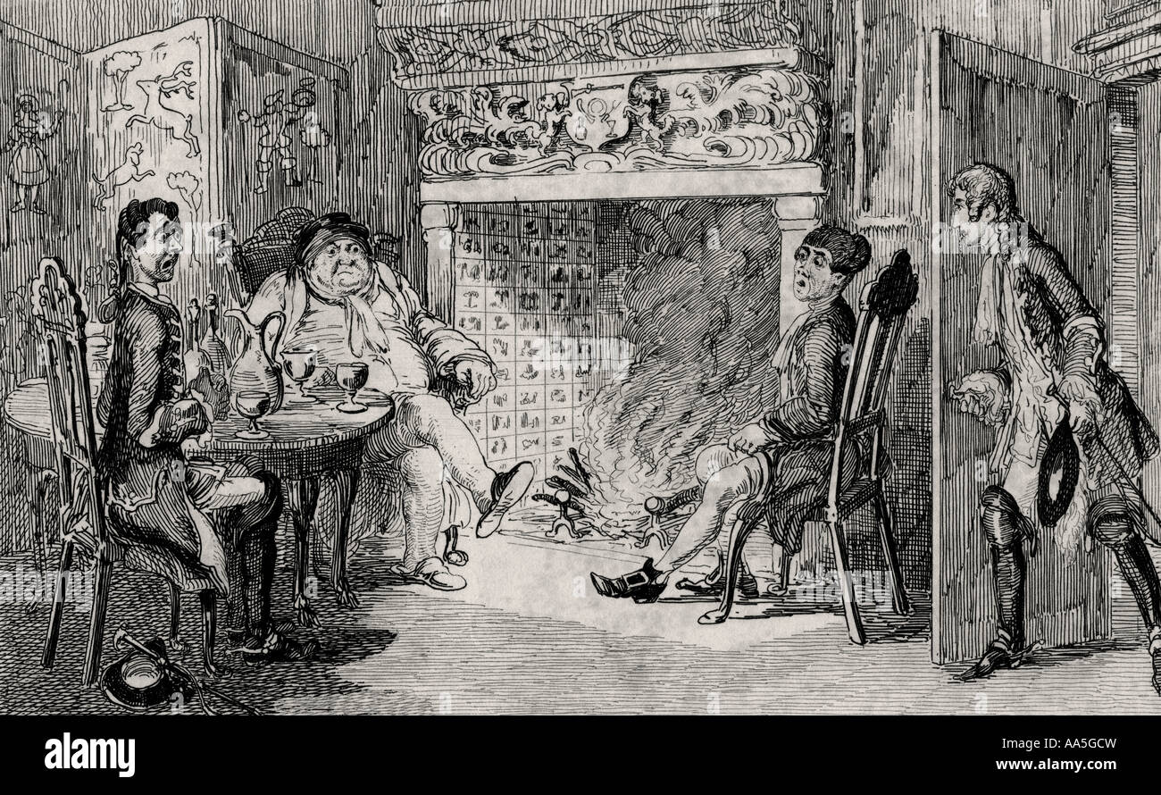 Francis Osbaldistone at Squire Inglewood's. Engraving by Cruikshank dated 1842 of a scene from Sir Walter Scott's novel Rob Roy. Stock Photo