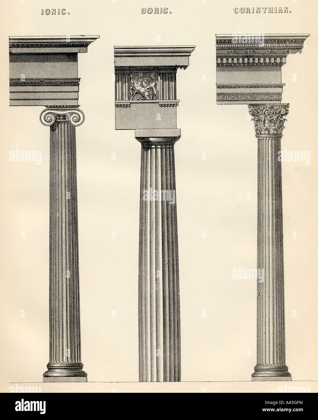 The three classical orders of Greek architecture. Stock Photo