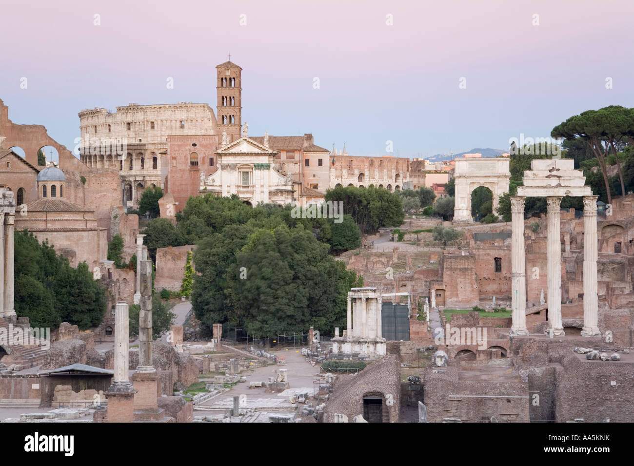 Italy Rome. View over the Roman Forum toward the Colosseum, sunset Stock Photo