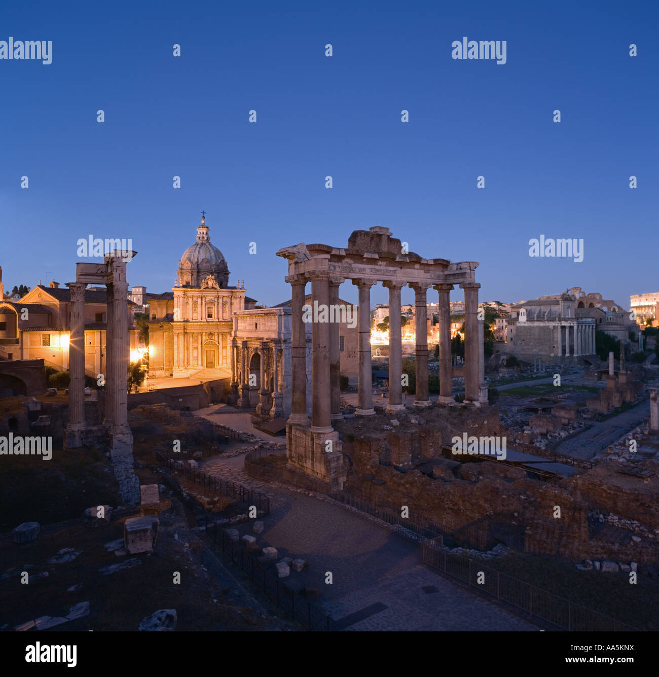 Italy Rome. Temple of Saturn at the Roman Forum, dusk Stock Photo - Alamy
