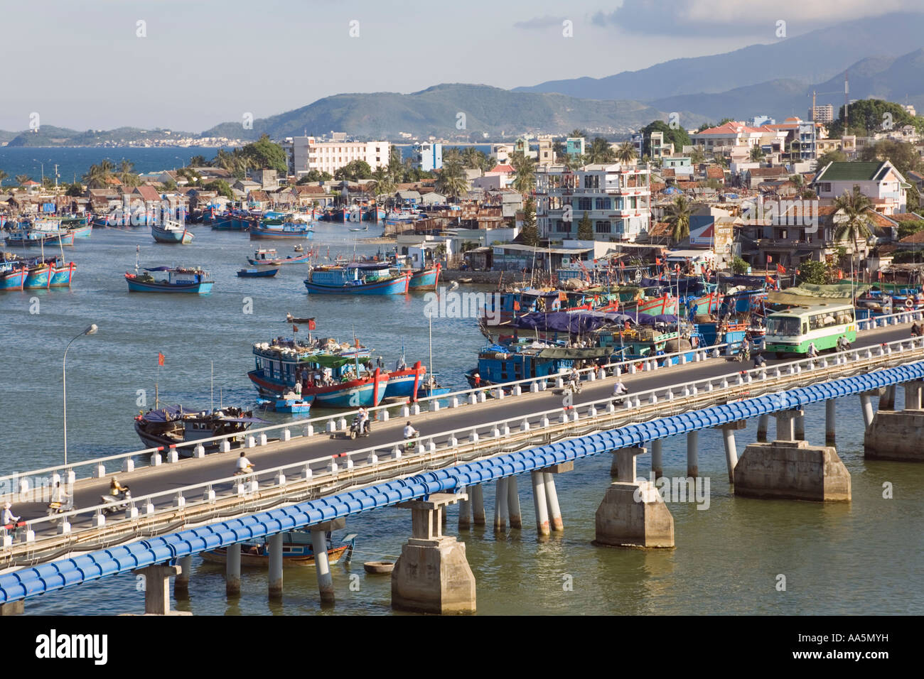 Nha Trang, Vietnam. Tran Phu Bridge, Cai River and fishing port Stock Photo