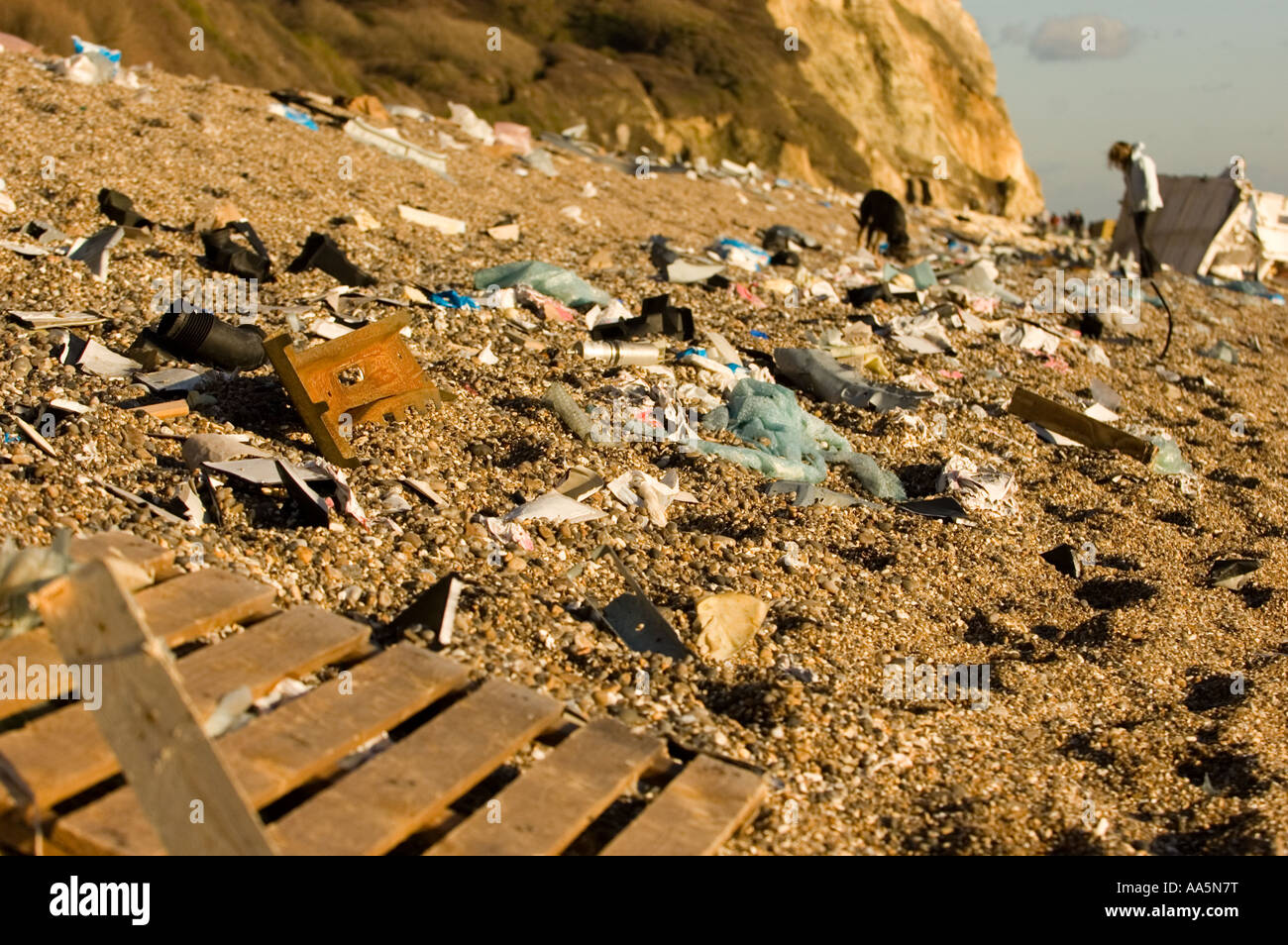 Branscombe Beach litter left after the grounding of the MSC Napolli Stock Photo