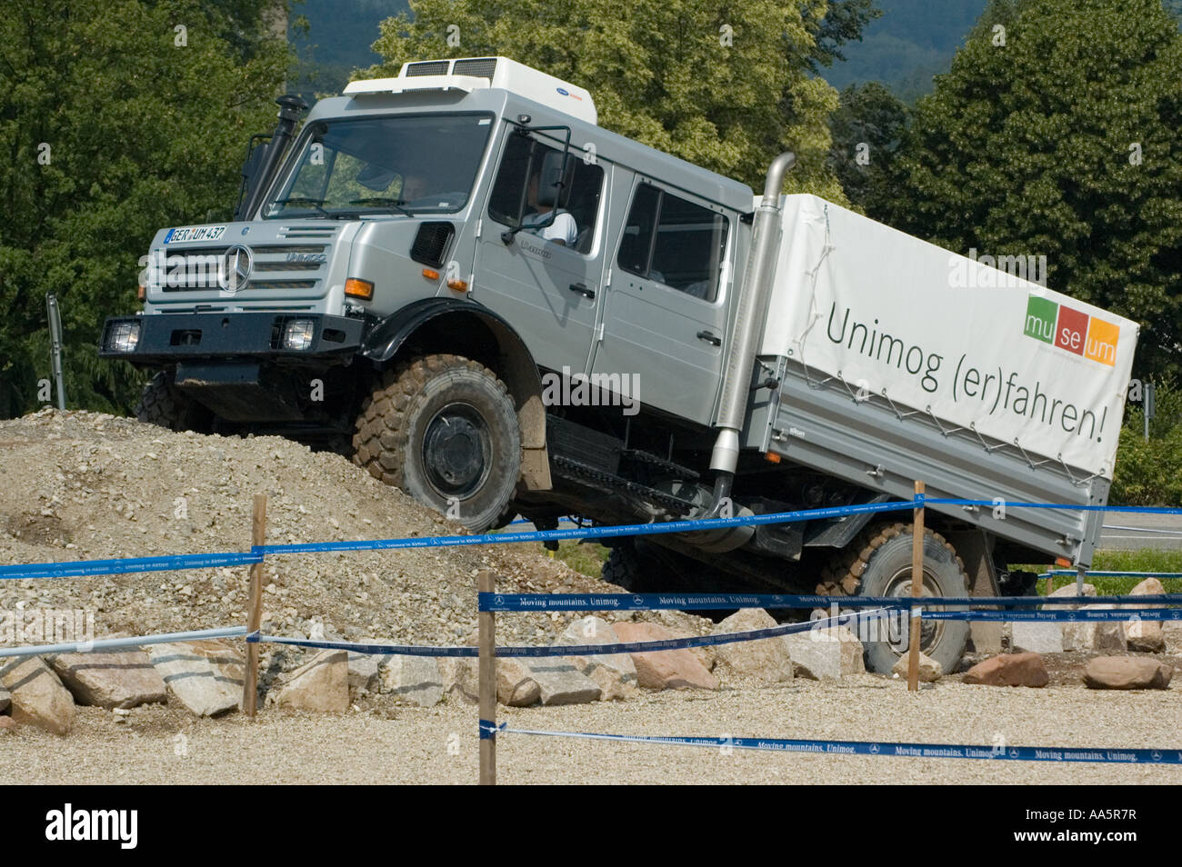 Mercedes Unimog  climbing a 1 in 1 hill at the Unimog Museum in West Germany Stock Photo