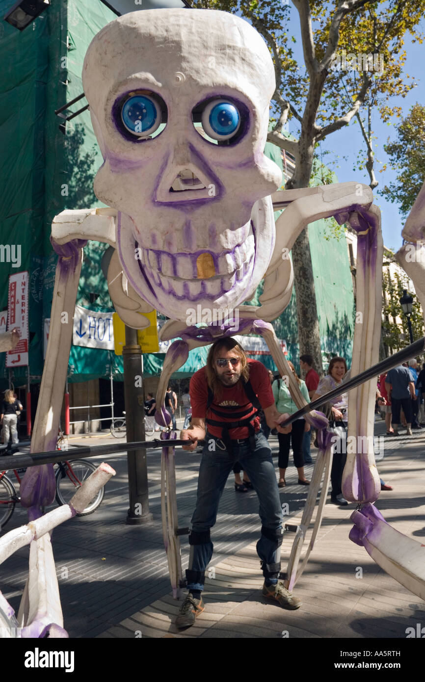 Barcelona, Spain. Giant skeleton act, street performer on La Rambla Stock Photo