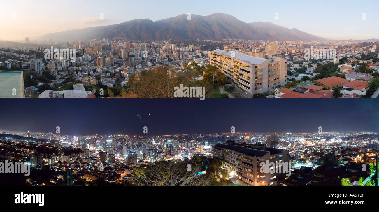 Day and Night Panoramic view of Caracas, Venezuela with the Avila Mountain in the background Stock Photo