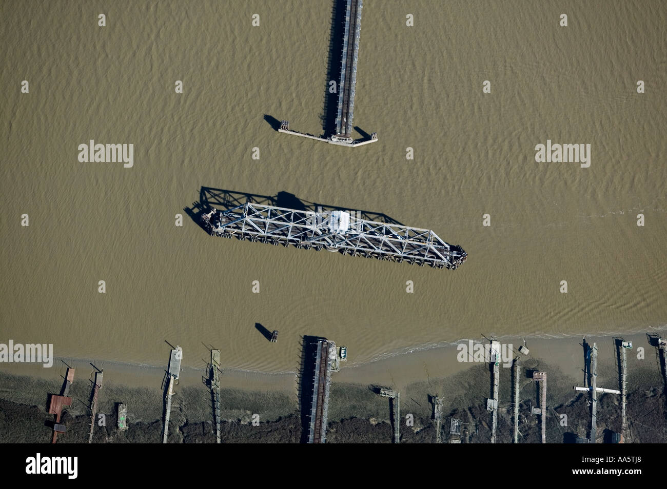 Aerial view of a swing bridge at the Petaluma River in northern California Stock Photo