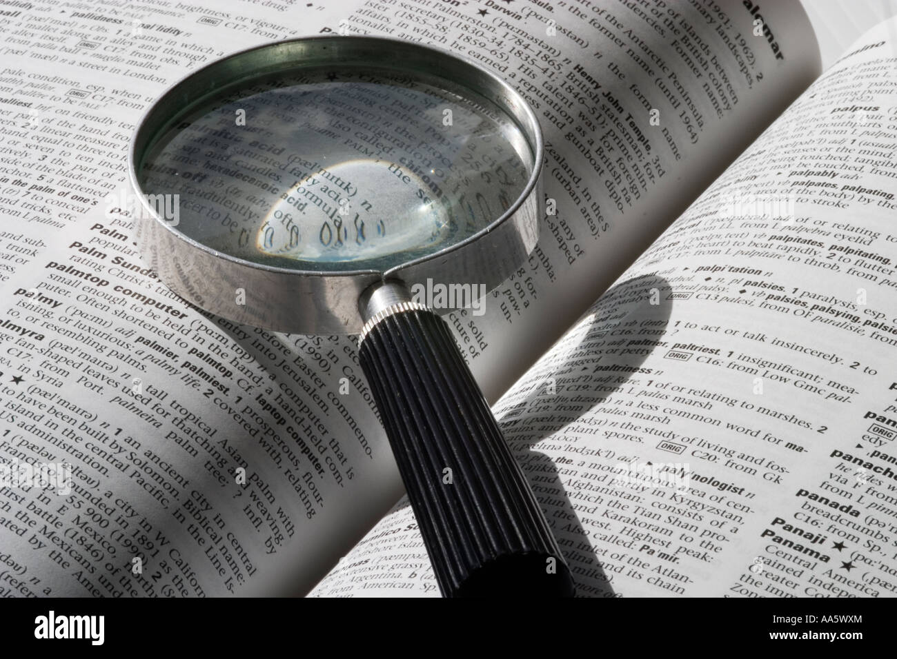 A black and white image of a magnifying glass on an open book Stock ...