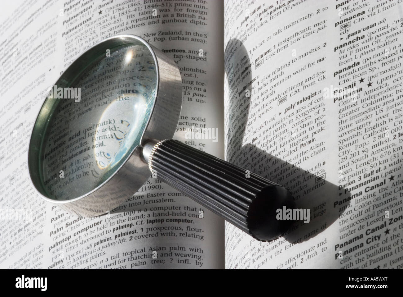 A black and white image of a magnifying glass on an open book Stock Photo
