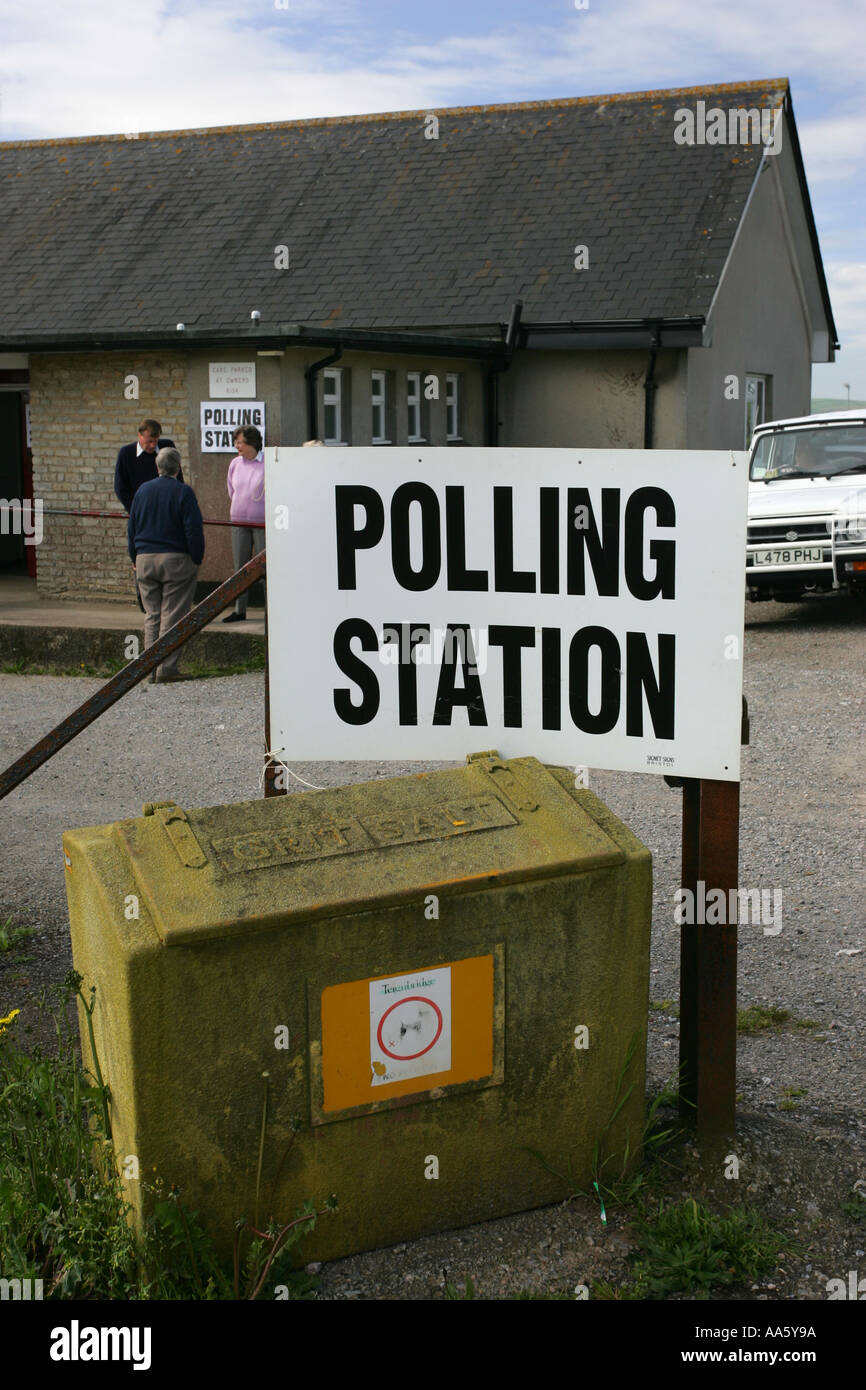 Typical General Election polling station and sign at a quiet South Devon village community hall England UK Britain GB Europe Stock Photo