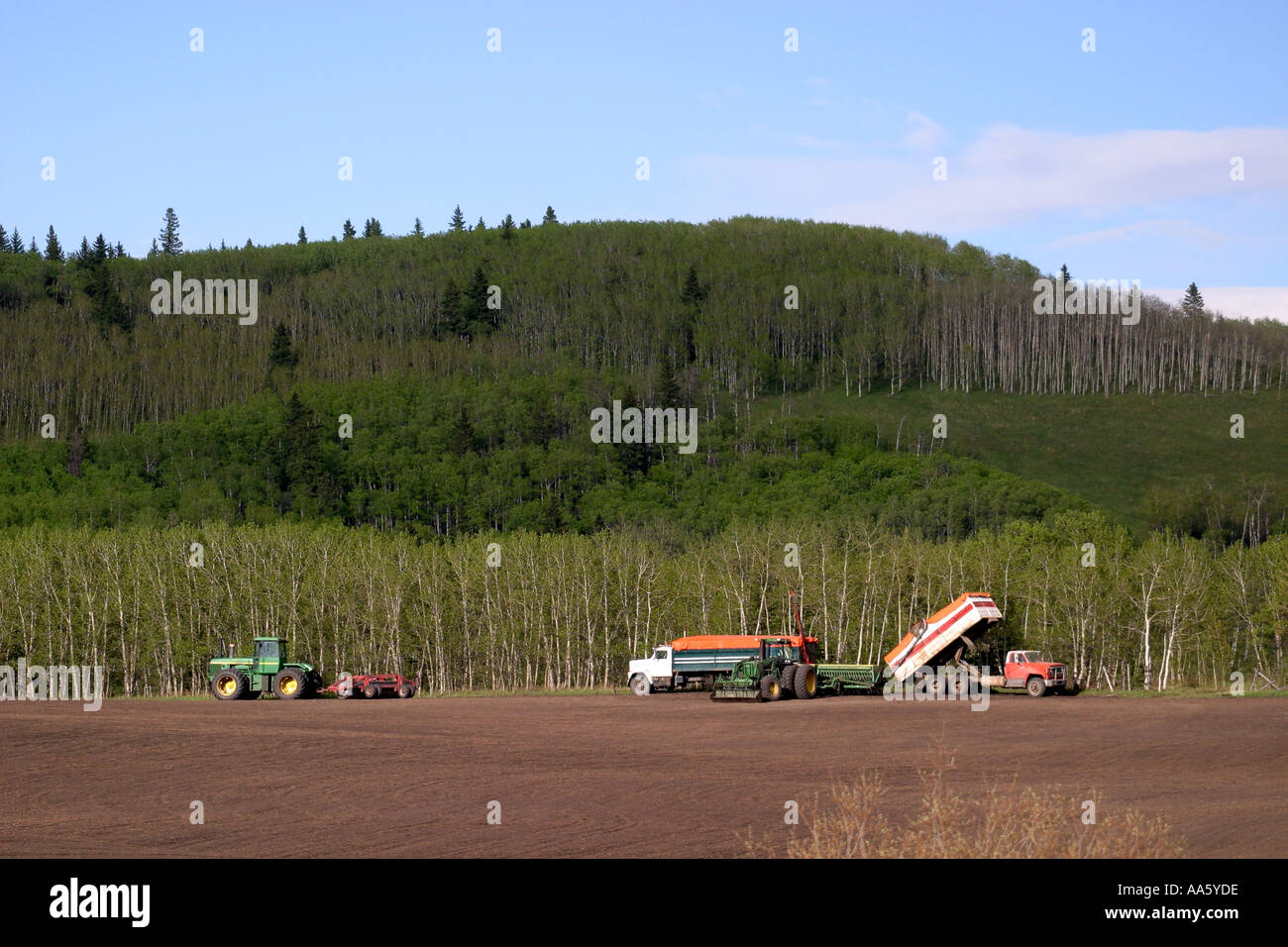 A farmer planting his crop in the province of Alberta Canada Stock