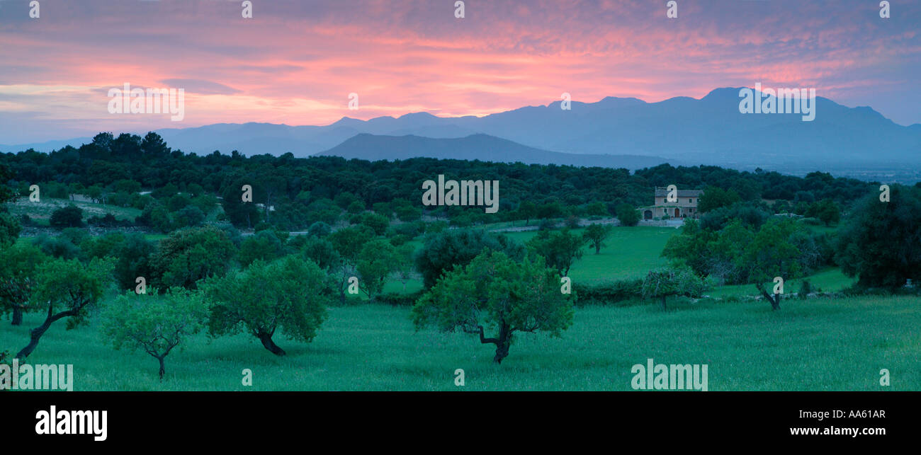 Sunset over Serra de Tramuntama mountains near Muro Majorca Balearic Islands Spain, lone house in landscape Stock Photo