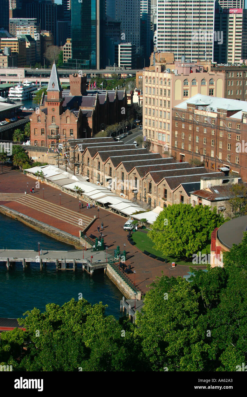 An aerial view of west circular quay waterfront and Sydney Rocks area showing Hickson rd  Warehouses and part of Sydney cove Stock Photo