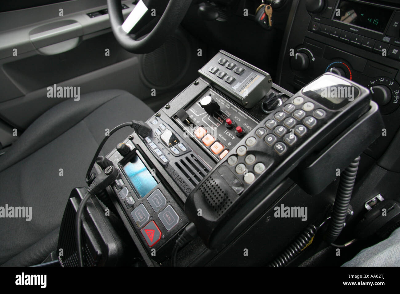 Police car radio and emergency equipment control panel Stock Photo