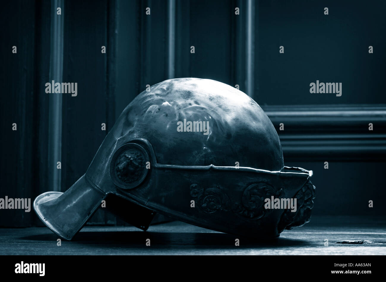 Helmet on wooden floor Stock Photo