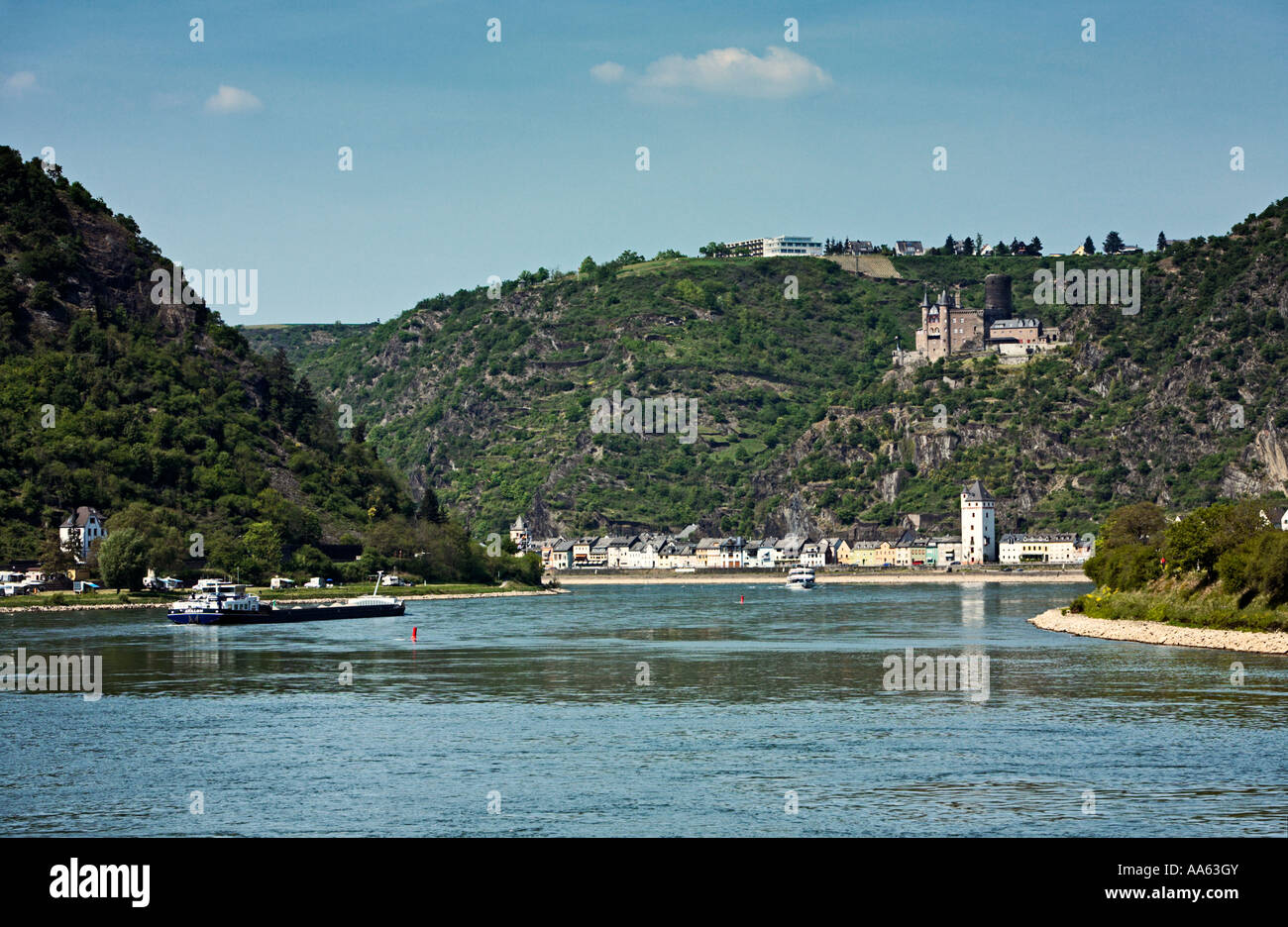 Castle Katz and St Goarshausen in the river Rhine Valley Rhineland Germany Europe Stock Photo