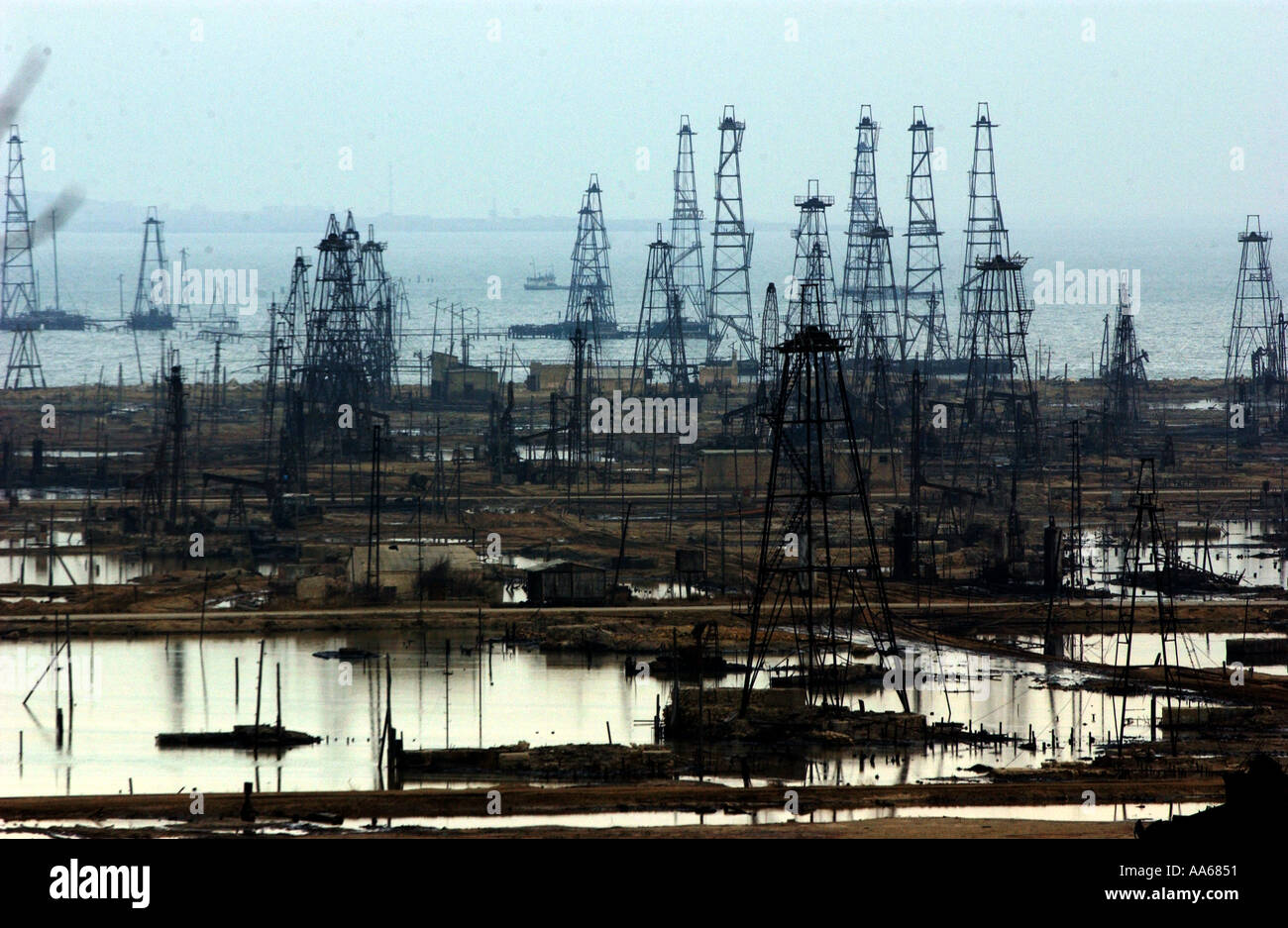 Abandoned oil wells sit on an oil field in the Caspian Sea near Baku ...