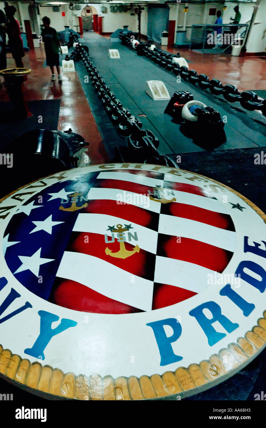 The forecastle and anchor chains aboard the USS Midway Aircraft Carrier