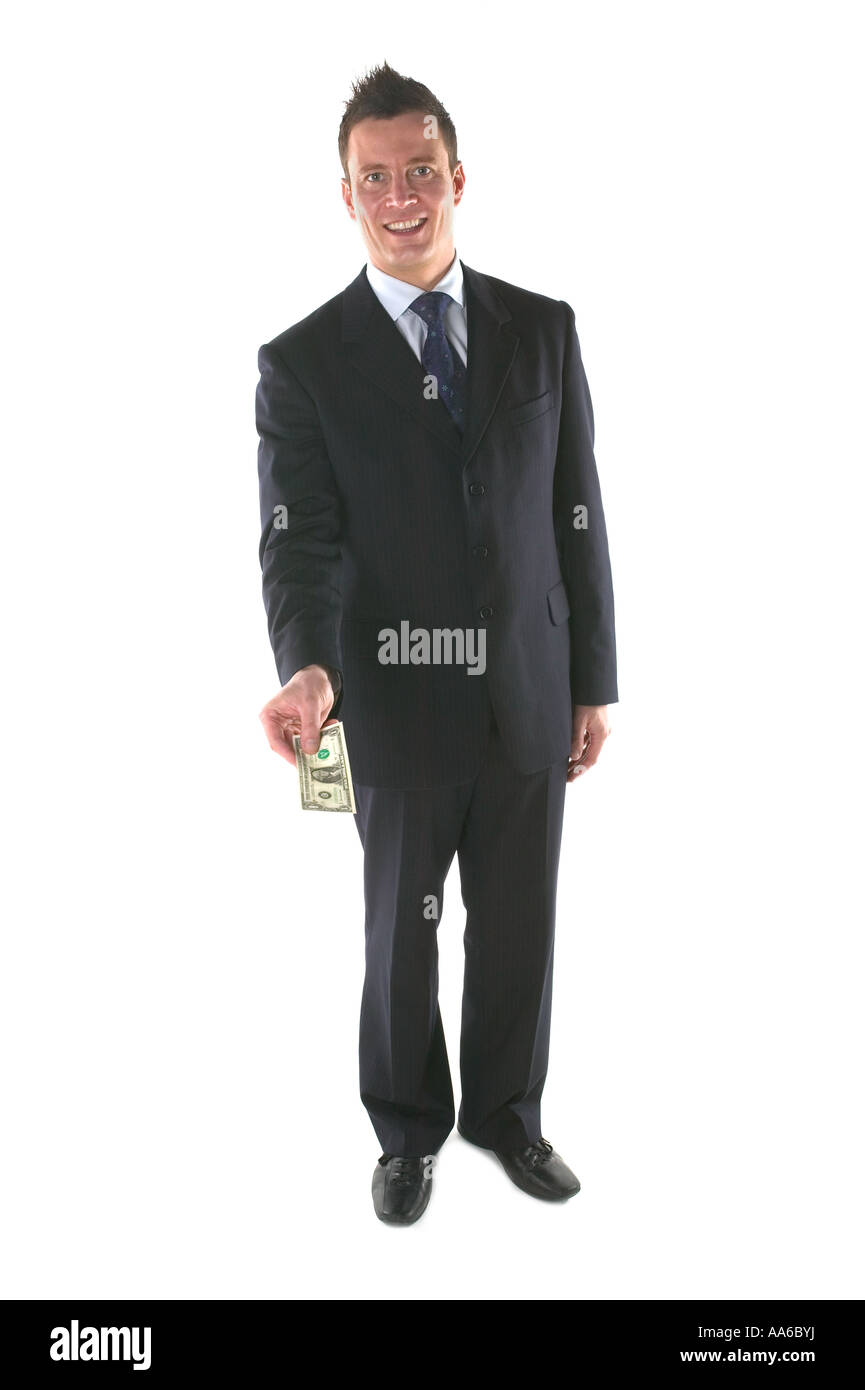 Businessman handing over a dollar note isolated on white Stock Photo