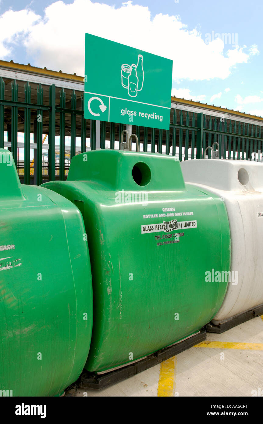 Glass recycling collection bins at a waste and recycling centre in York