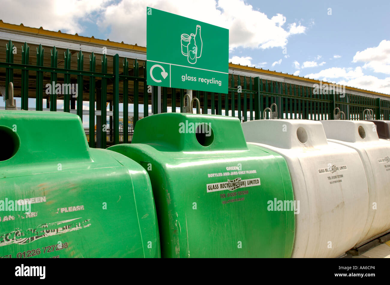 Glass recycling collection bins at a waste and recycling centre in York