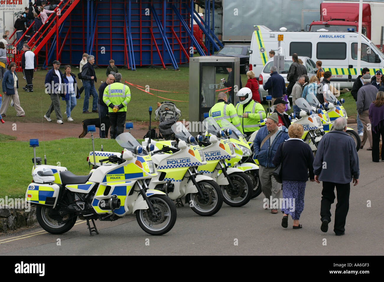 Long row of police force motorbikes motorcycles at a motorbike rally in Paignton South Devon England UK Britian Stock Photo