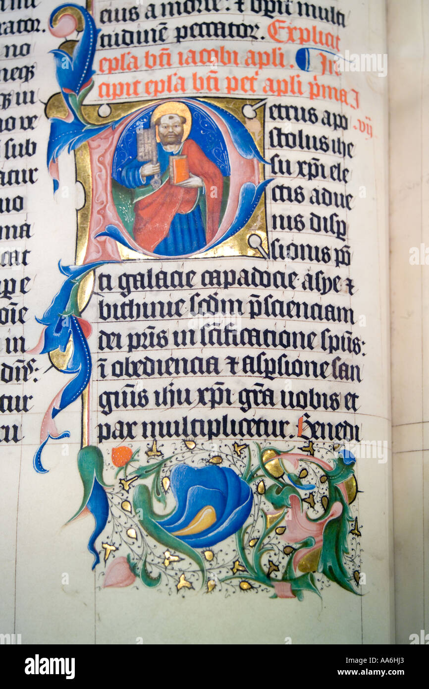 Detail from a manuscript Bible dating from 1407 on display at Malmesbury Abbey, Wiltshire UK Stock Photo