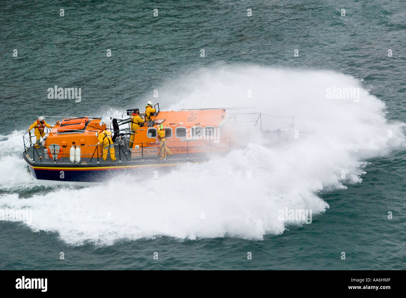 Launching the St Davids lifeboat at St Justinian, Pembrokeshire, Wales Stock Photo