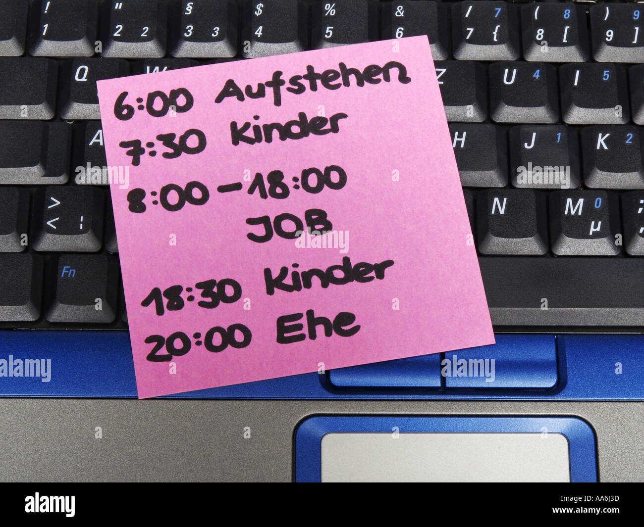 memo note on notebook, schedule get up, children, job, children, marriage Stock Photo