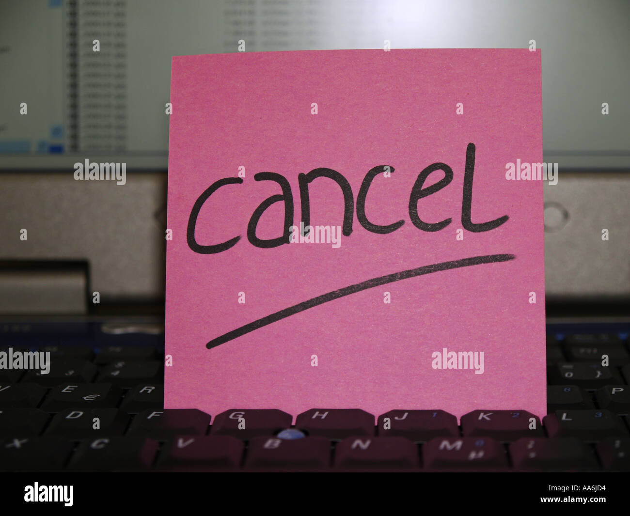 memo note on notebook, cancel Stock Photo
