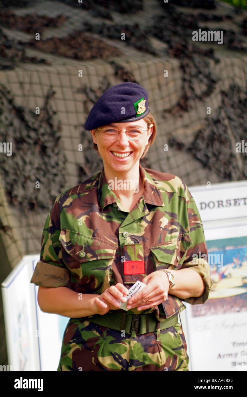 Female British Army Recruiting Officer at a careers day for school leavers Stock Photo
