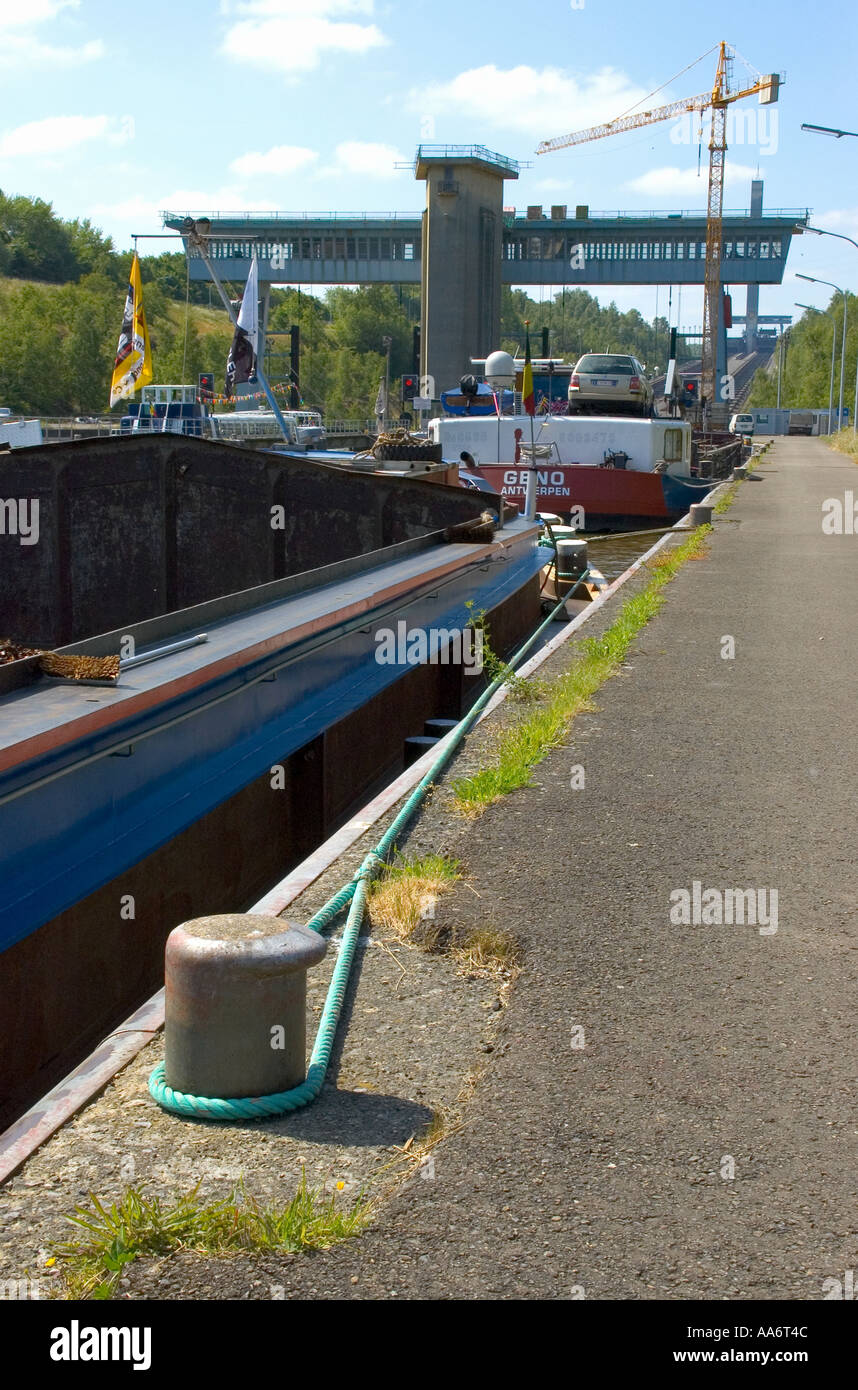 Barges waiting to enter The inclined plane at Ronquières Belgium Stock Photo