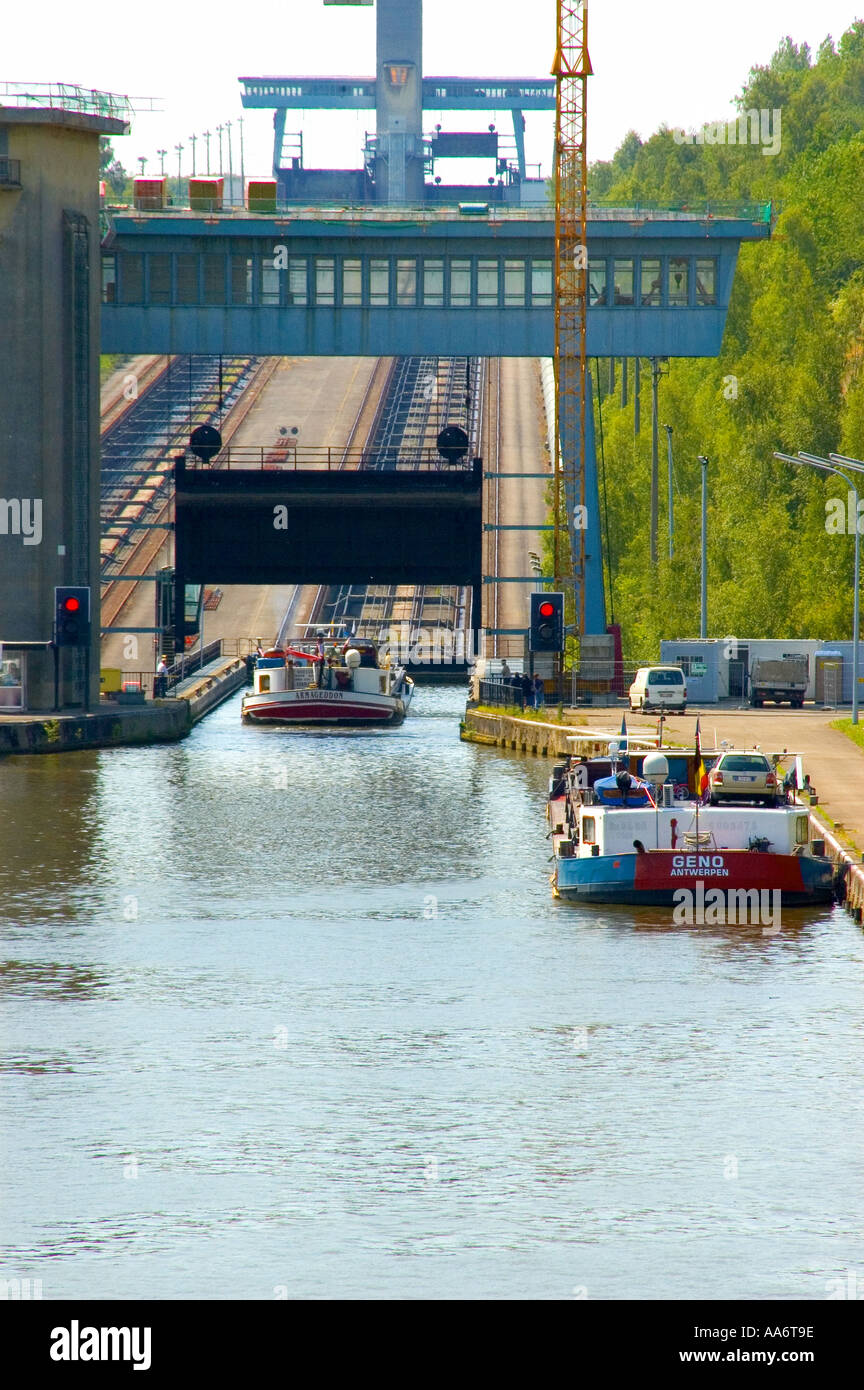 Barges entering The inclined plane at Ronquières Belgium Stock Photo