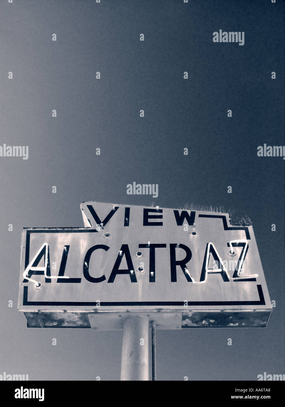 ALCATRAZ TOUR TRIP SIGN Retro weatherbeaten sign at ferry terminal to Alcatraz island prison San Francisco California USA Stock Photo