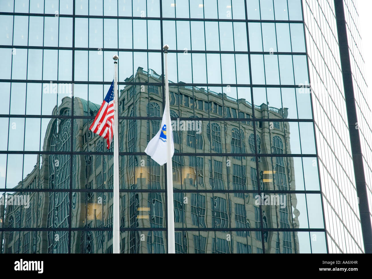 The John Hancock Building is reflected in the Hancock Tower in Boston
