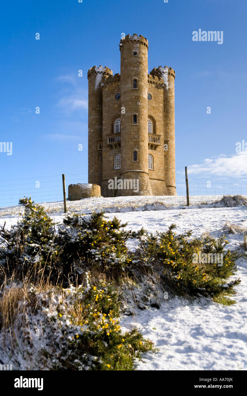 Snow on the Cotswolds in winter at Broadway Tower, Worcestershire Stock