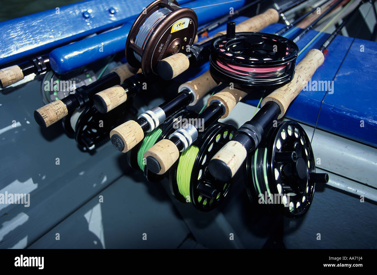Flyfishing rods in river boat Dean river central coast British Columbia Stock Photo