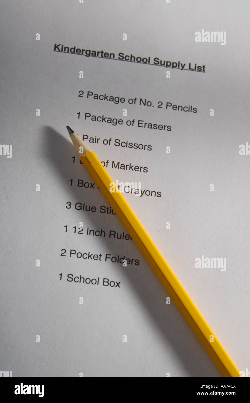 Kindergarten school supplies list Stock Photo Alamy