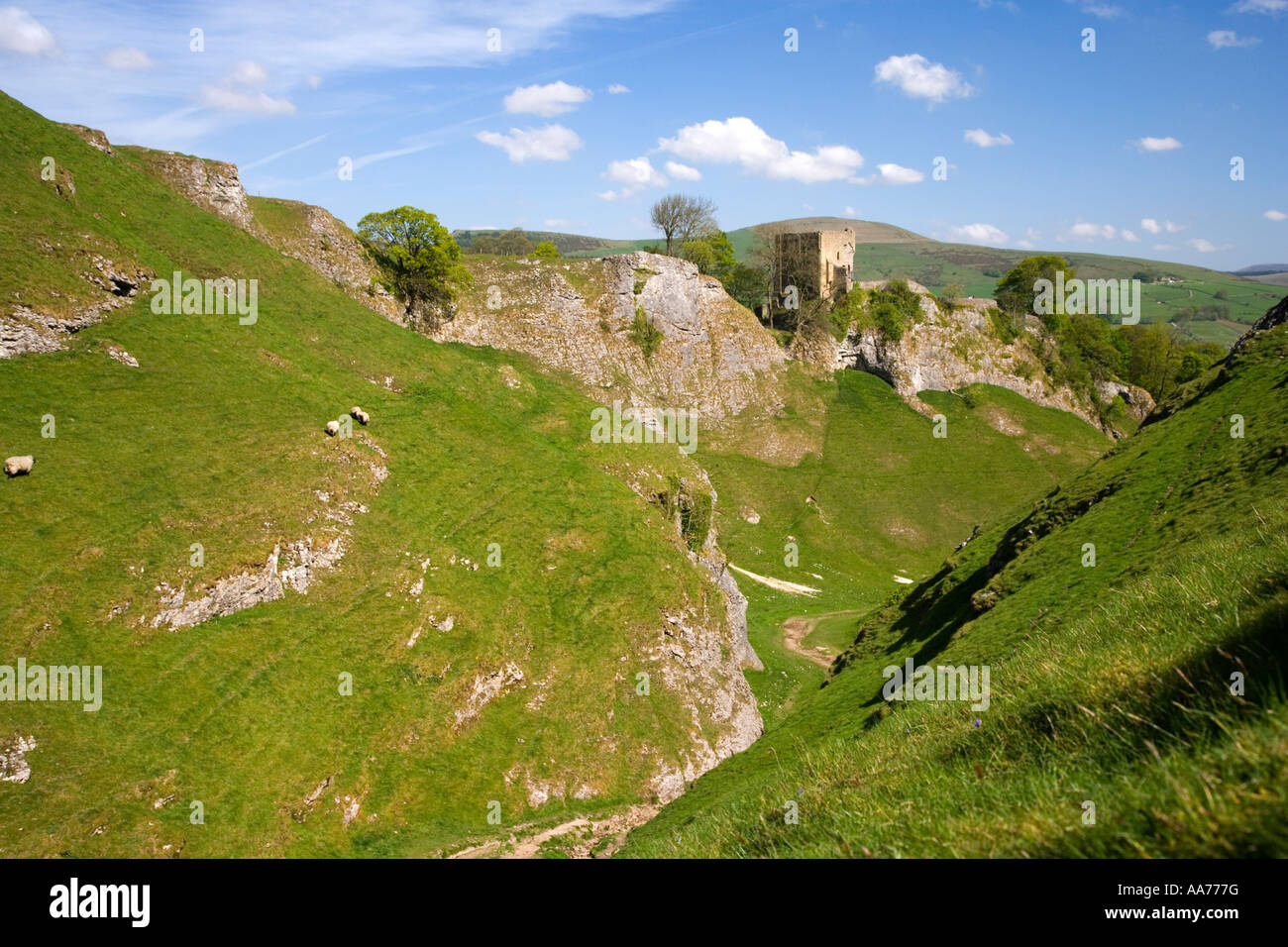 View of the Keep at Peveril Castle in CaveDale at Castleton in the Peak District in Derbyshire Stock Photo
