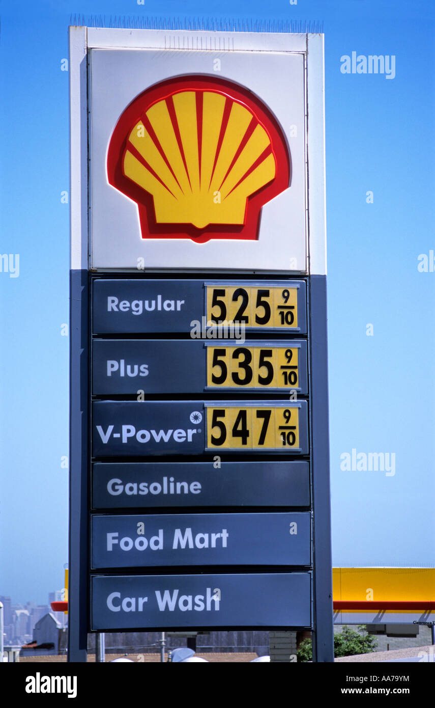 "Shell "gas station" sign, showing possible "future price" of five ^US