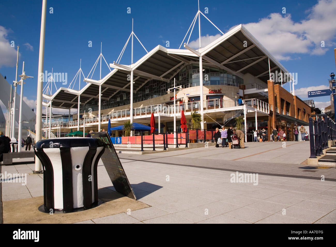 Modern buildings restaurants and shops at Gunwharf Quays waterfront