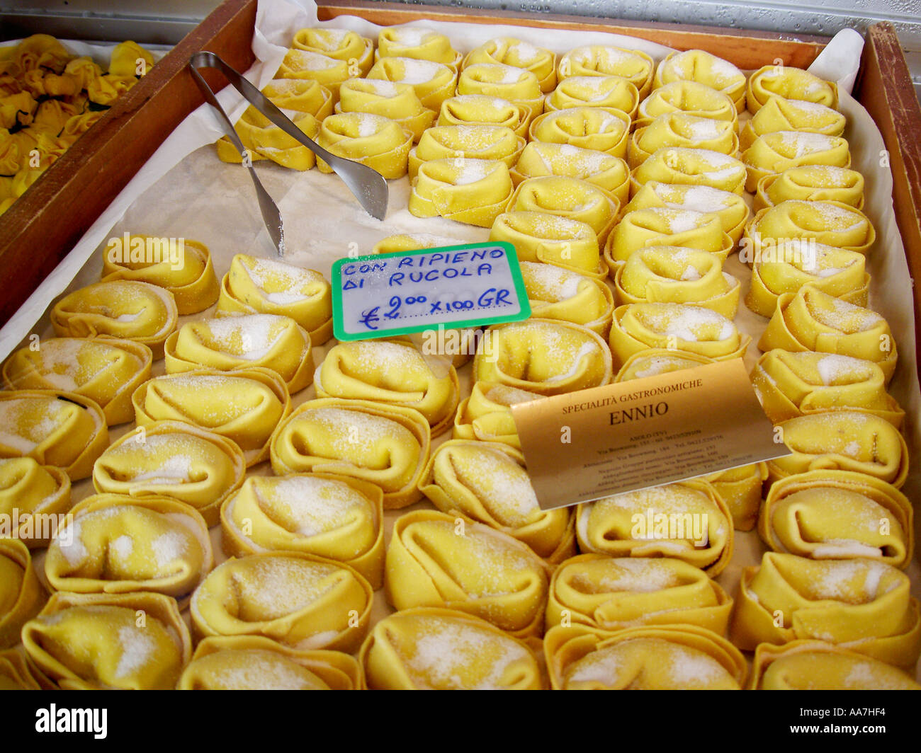 Sweet and savoury pastry specialities on sale in the delicatessen in the ancient town centre of Asolo, Treviso, Italy Stock Photo