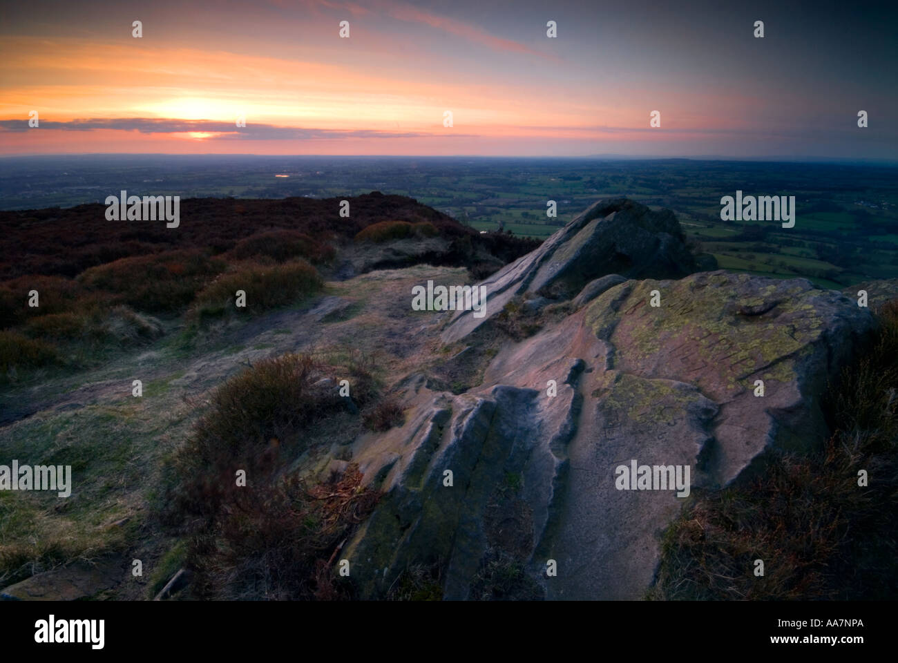 Evening Outlook over Cheshire From Bosley Cloud Nr Congleton Cheshire UK Stock Photo