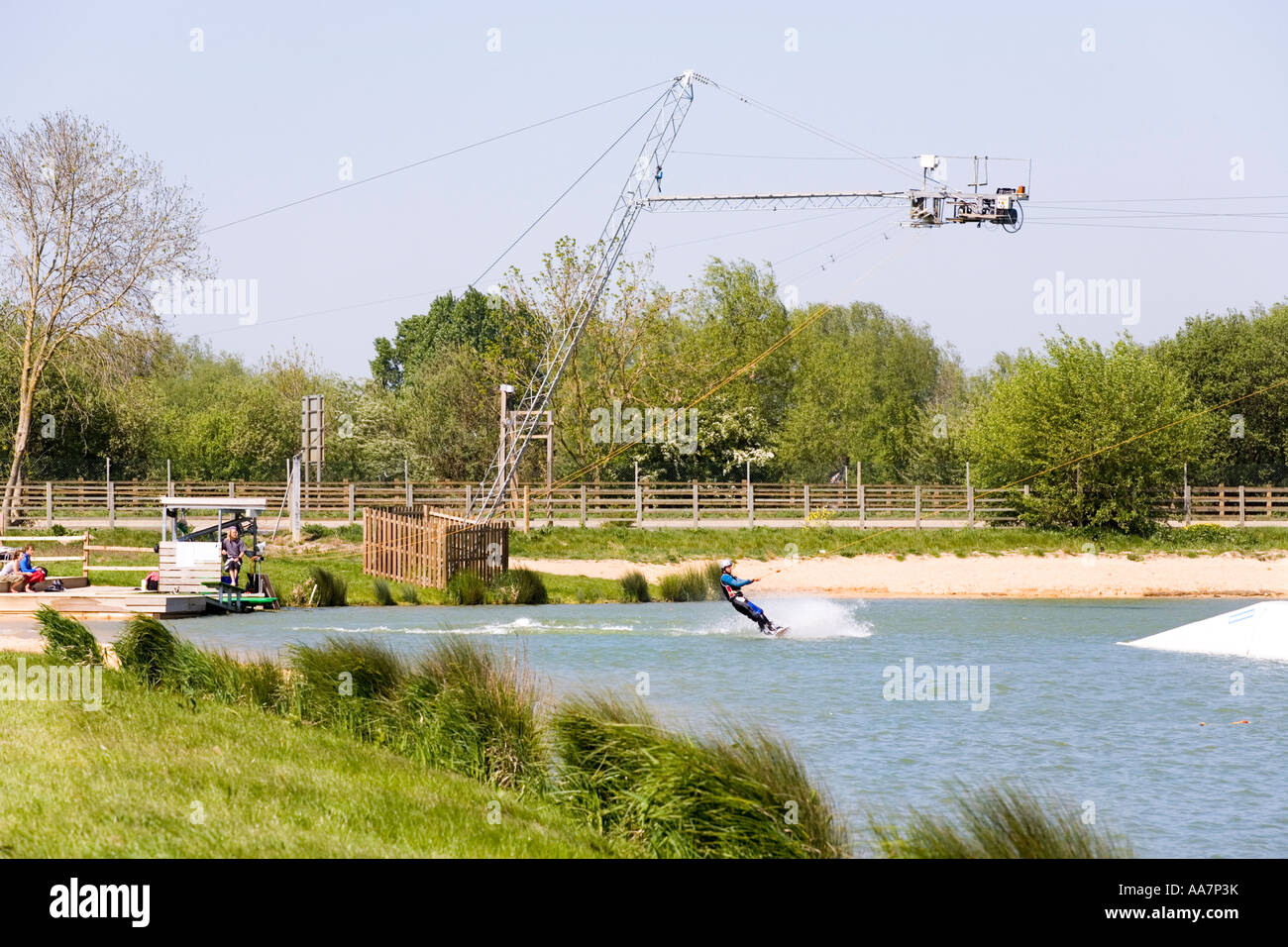 Wake boarding with a cable tow at Watermark Ski, Cotswold Water Park