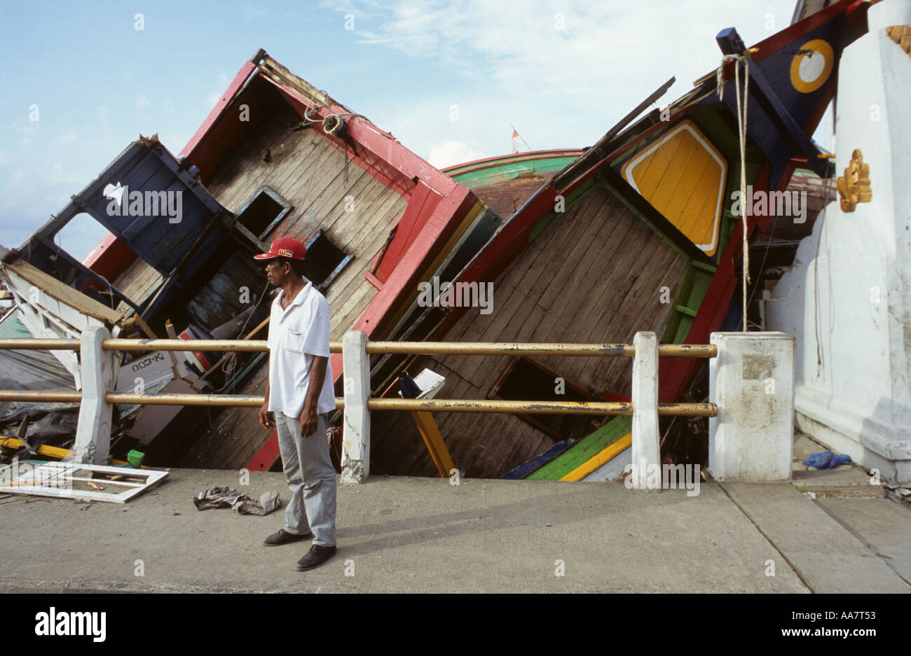 Upended boats after the tsunami, Banda Aceh Stock Photo