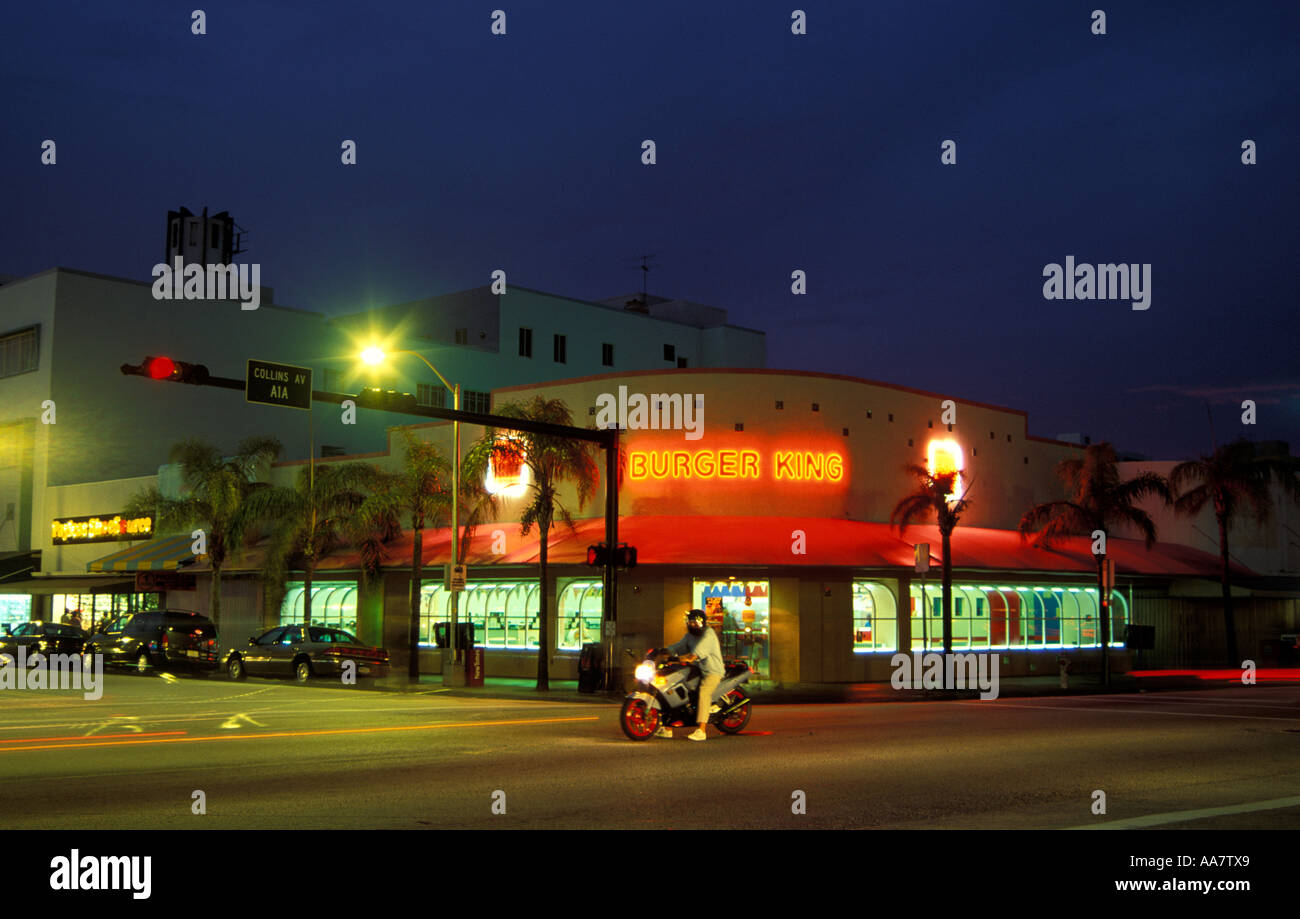 Neon lit Burger King restaurant, South Beach, Miami, USA Stock Photo