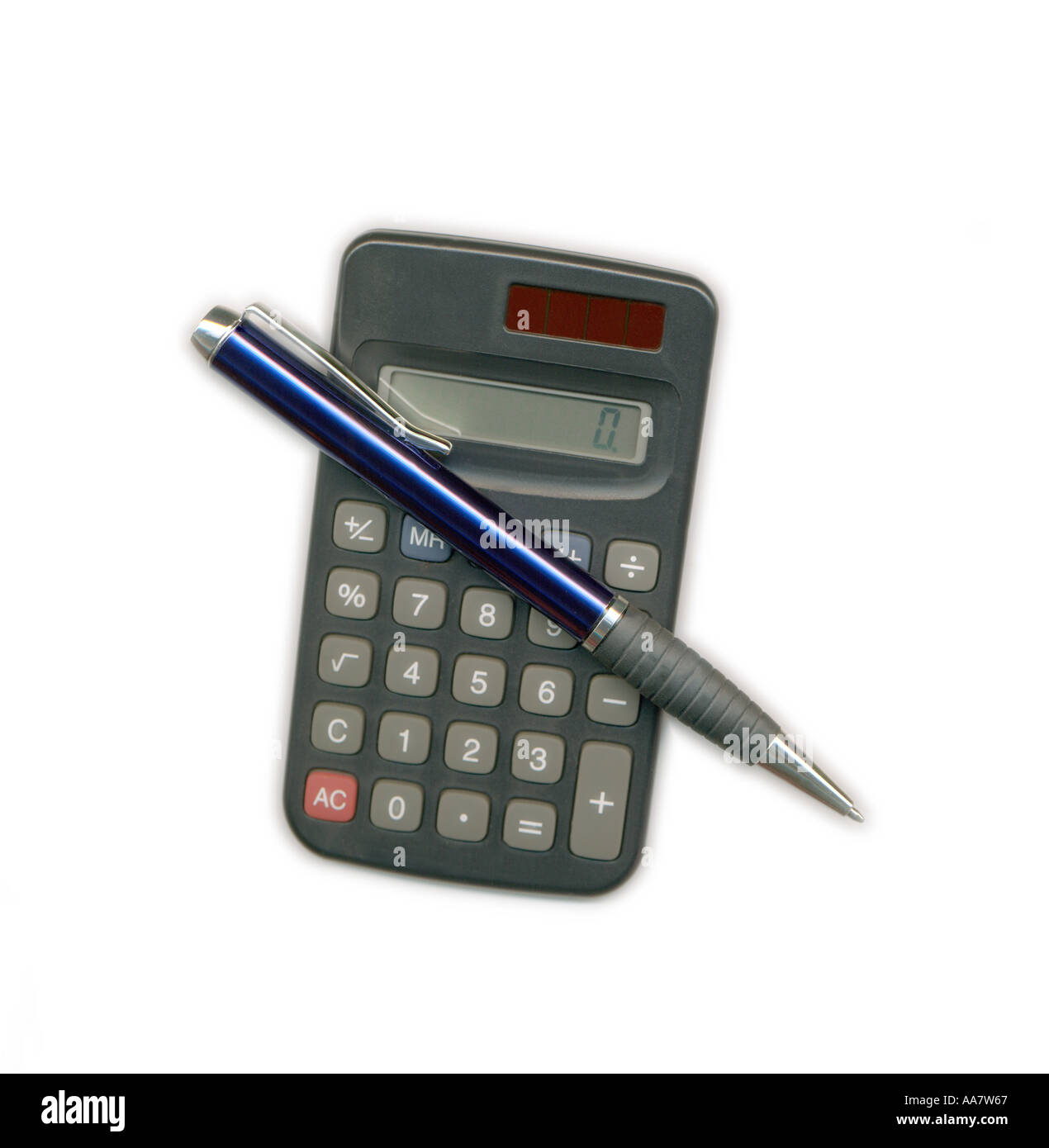 Calculator and pen on white background Stock Photo - Alamy
